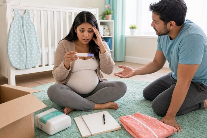 Pregnant woman looks overwhelmed by a home pregnancy test as her partner offers support in a half-prepared nursery.