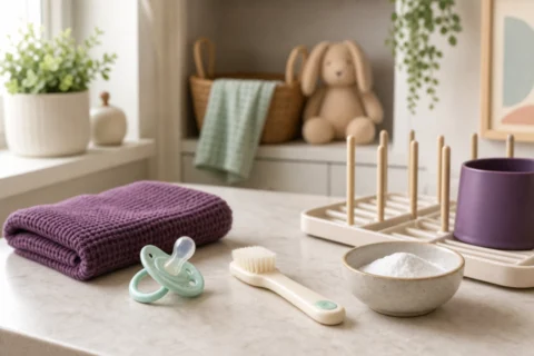 Pacifier beside a soft brush, cloth, drying rack, and baking soda on a sunny counter