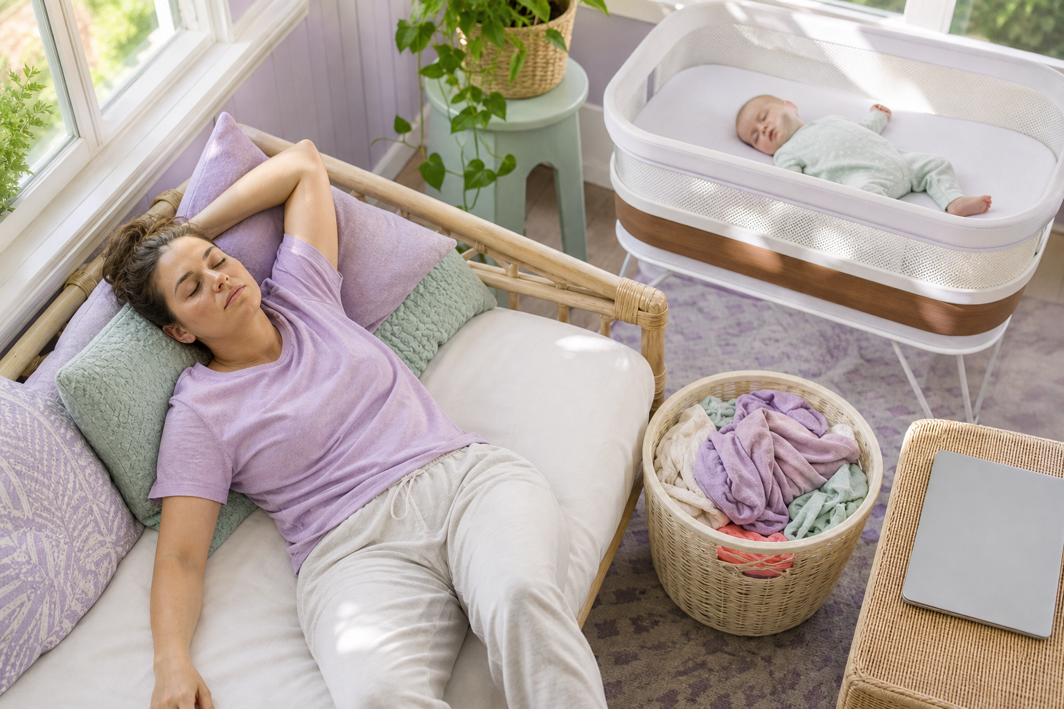 Parent napping on a daybed while baby sleeps in a nearby bassinet in a sunlit nursery