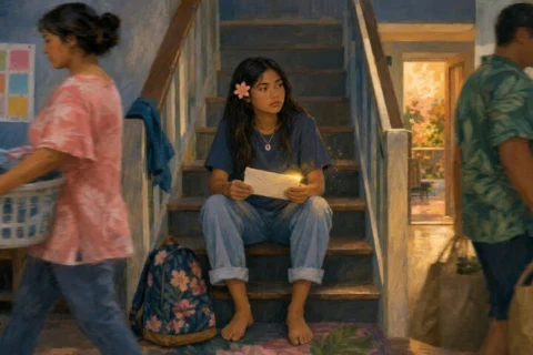Teen holds a softly glowing sealed letter on a staircase while parents pass carrying laundry and groceries.