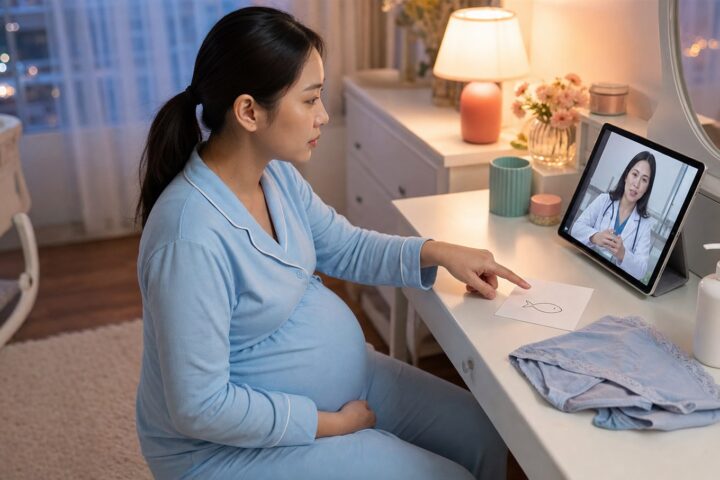 Pregnant woman in blue pajamas points to a fish symbol on a symptom card while speaking with a clinician by video.