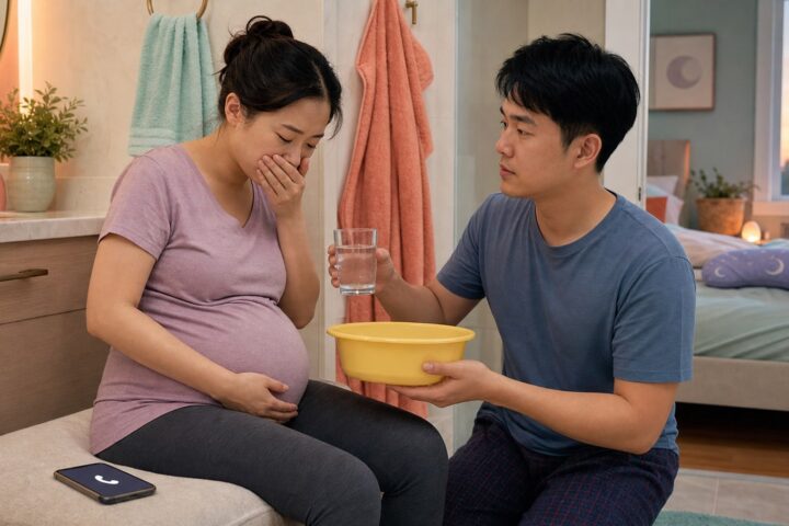 Nauseated pregnant woman sits on a bathroom bench as her partner offers water and holds an empty yellow basin.