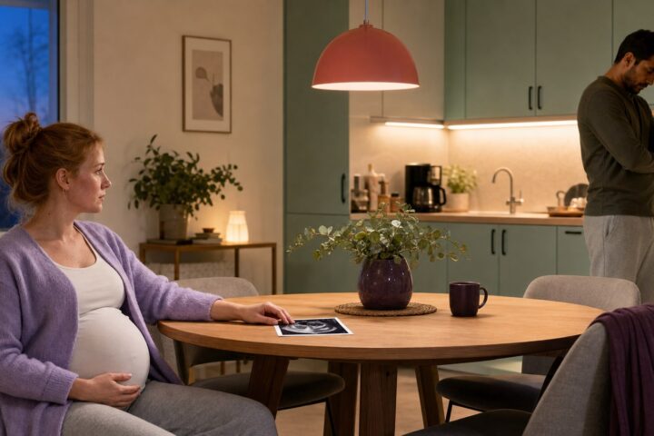 Pregnant woman rests a hand on her belly beside an ultrasound photo while the expectant father stands apart with a hand on his forehead.