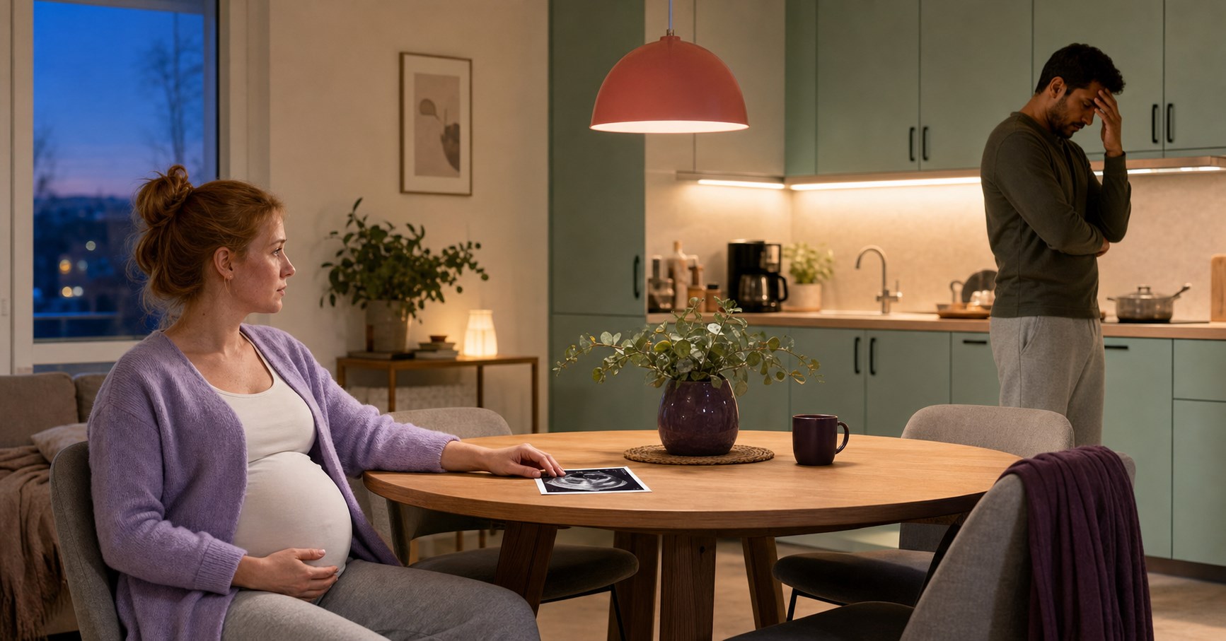 Pregnant woman rests a hand on her belly beside an ultrasound photo while the expectant father stands apart with a hand on his forehead.