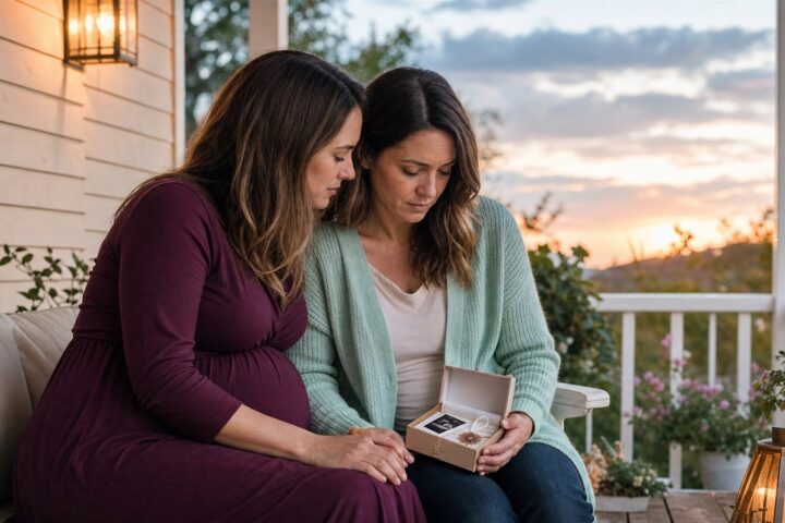 Pregnant woman holds her grieving sister's hand as they look at a small miscarriage keepsake box on a porch.