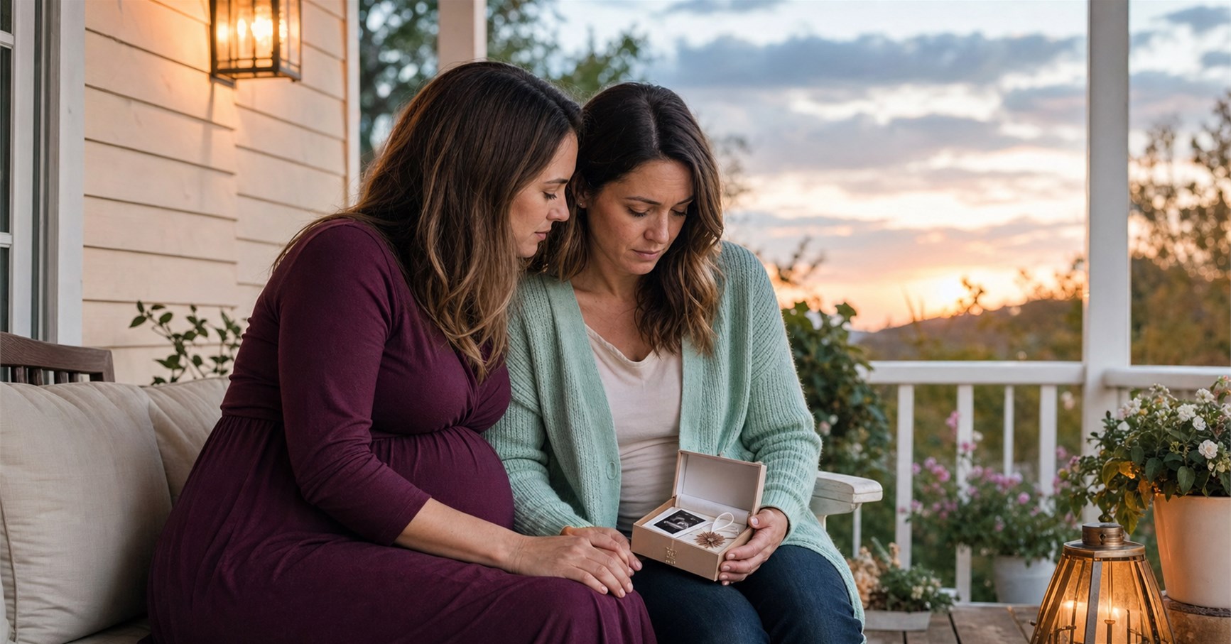 Pregnant woman holds her grieving sister's hand as they look at a small miscarriage keepsake box on a porch.