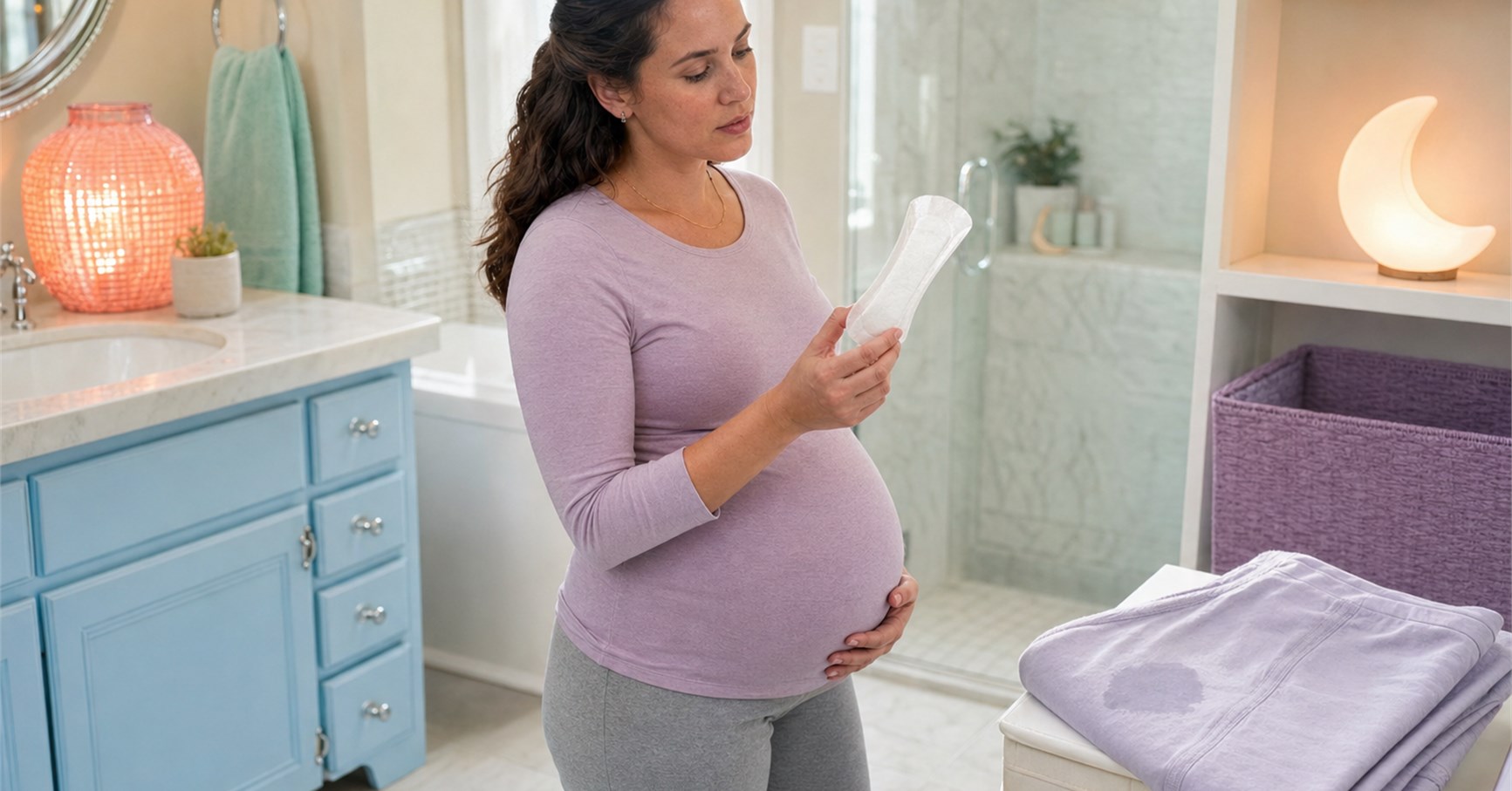 Pregnant woman examines a clean maternity liner beside folded leggings with a small damp patch
