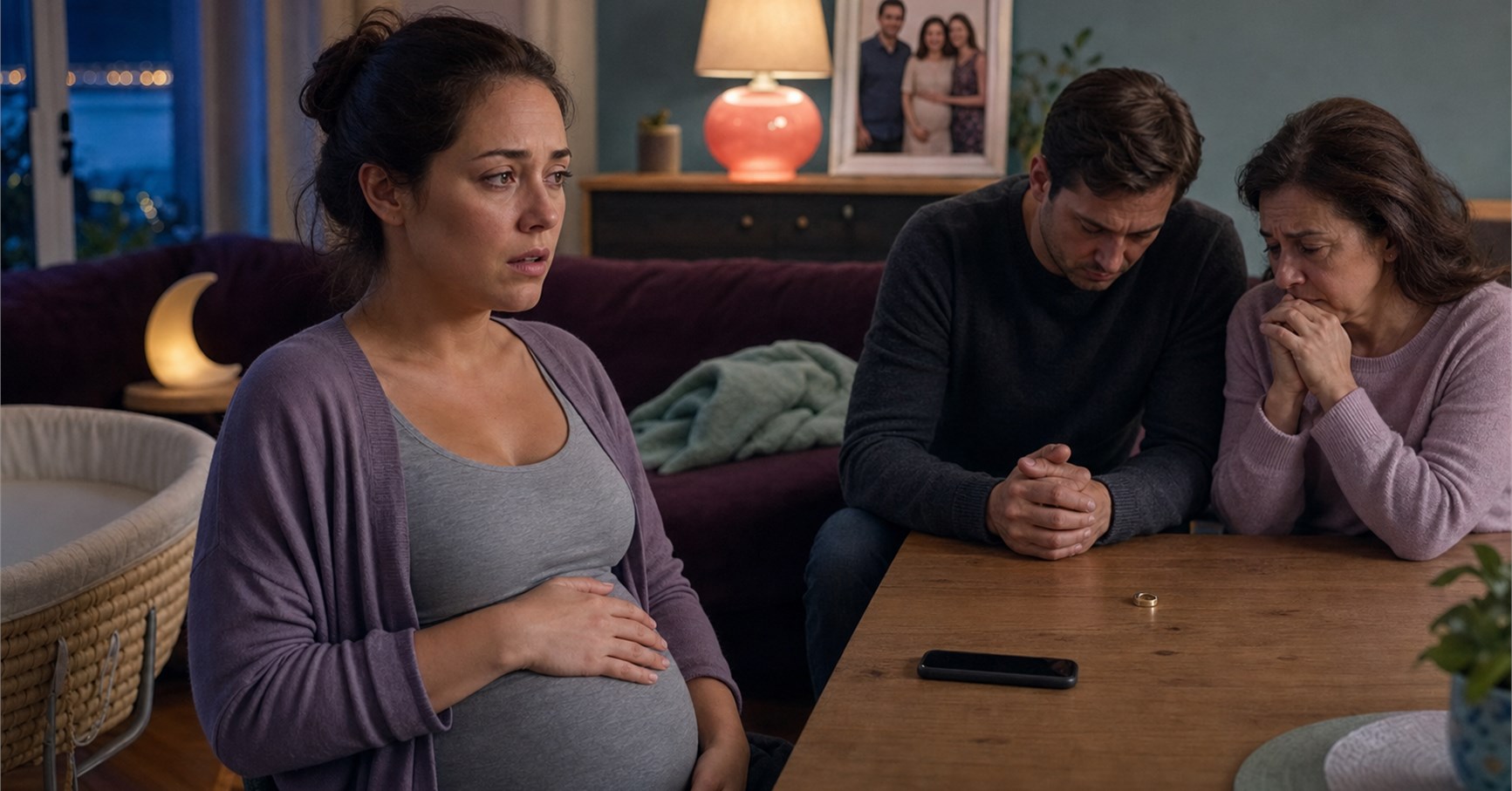 Pregnant woman sits apart from her husband and older mother as a wedding ring rests on the table