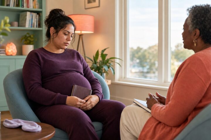 Pregnant woman with a subdued expression holds a journal while sitting across from a therapist in a bright office.