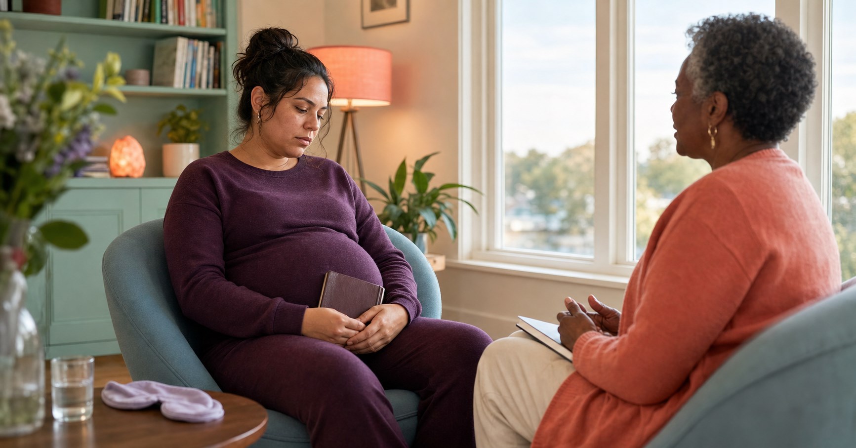 Pregnant woman with a subdued expression holds a journal while sitting across from a therapist in a bright office.