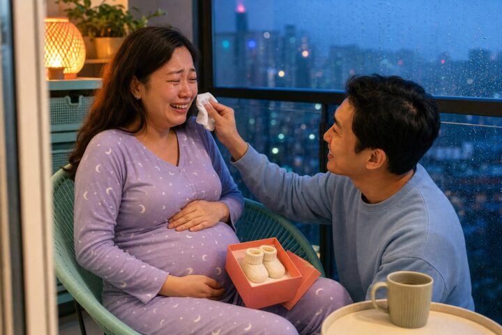 Pregnant woman in moon-print pajamas laughs through tears as her partner offers a tissue beside a box of baby socks.