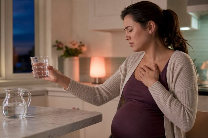 Pregnant woman turns away from a glass of water while seated in a softly lit kitchen.