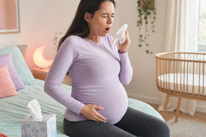 Pregnant woman holding a tissue near her face while supporting her lower belly beside a mint bed