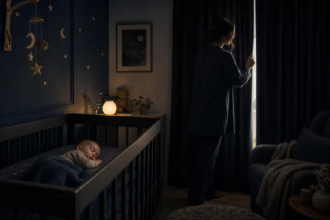 Sleeping baby in a dark crib while a caregiver adjusts blackout curtains by a bright window