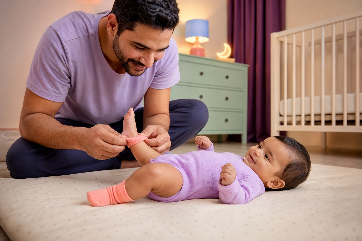Father gently checks a coral sock cuff and his awake baby's ankle on a nursery floor mat, with the other socked foot visible.