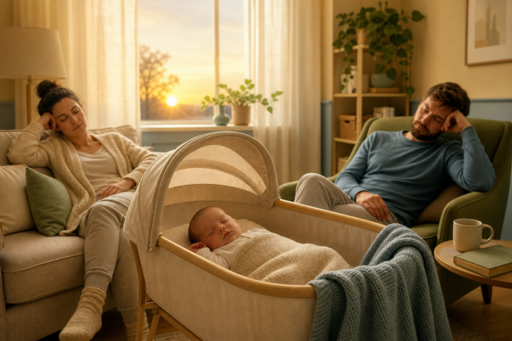 Newborn sleeping in a bassinet while both parents rest nearby in a warm living room.