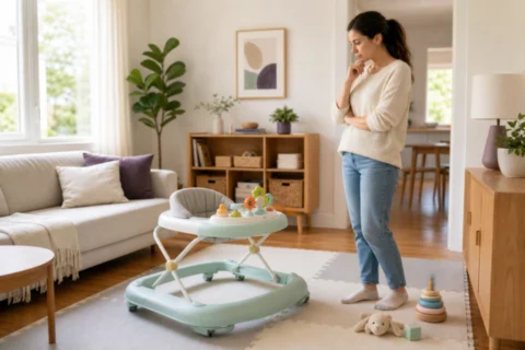 Baby walker on a soft floor mat with a caregiver nearby in a bright living room