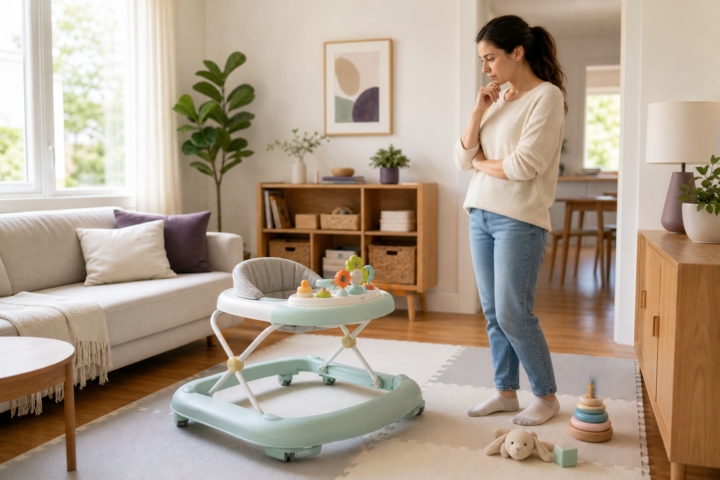 Baby walker on a soft floor mat with a caregiver nearby in a bright living room