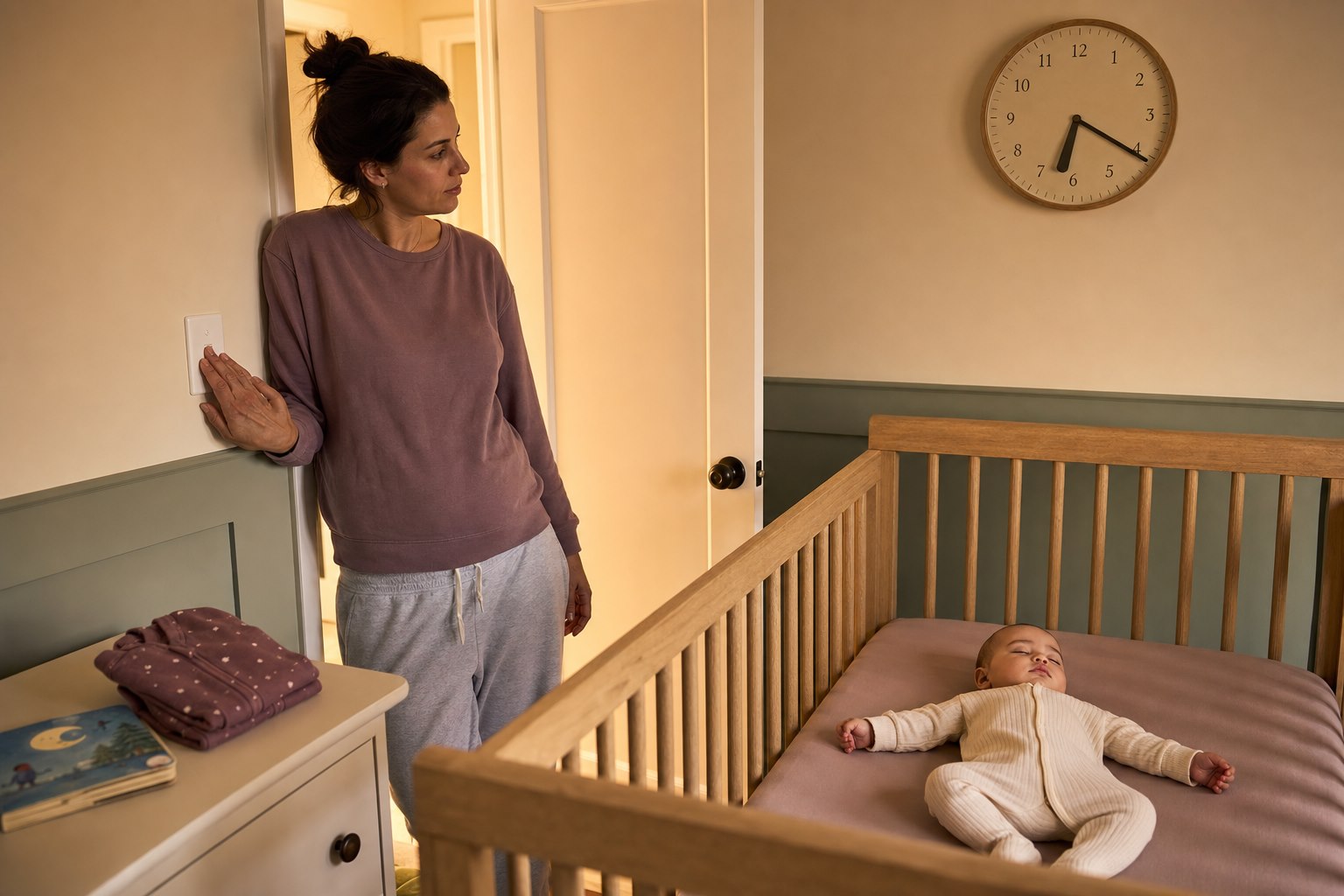 Mother checks a wall clock while her baby naps safely on their back in an empty crib during golden-hour nursery light.