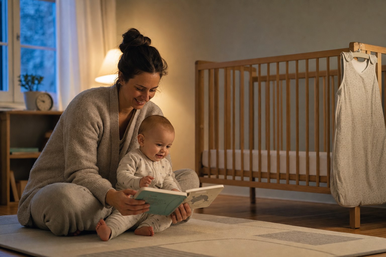 Mother reads a board book beside her alert baby on a safe nursery play mat during a calm, dim evening reset.