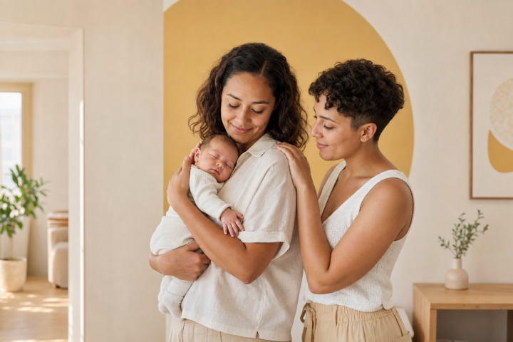 Sleeping newborn held securely between two attentive caregivers