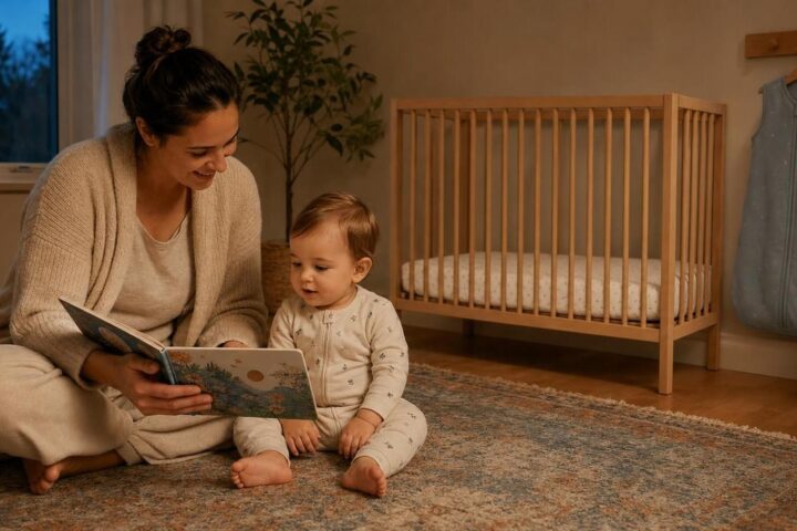 One-year-old toddler in pajamas sitting beside a caregiver reading a board book with a bare crib behind them.