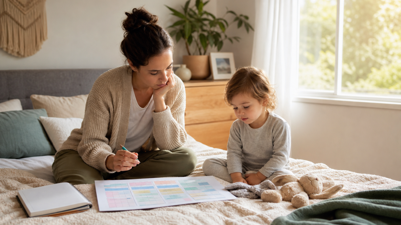 Editorial scene illustrating setting up a sleep schedule for your 4-year-old: a comprehensive guide in a bright home setting.