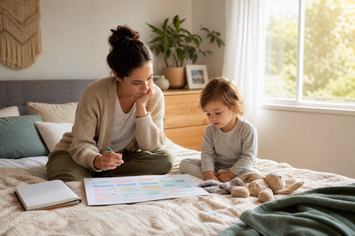 Editorial scene illustrating setting up a sleep schedule for your 4-year-old: a comprehensive guide in a bright home setting.