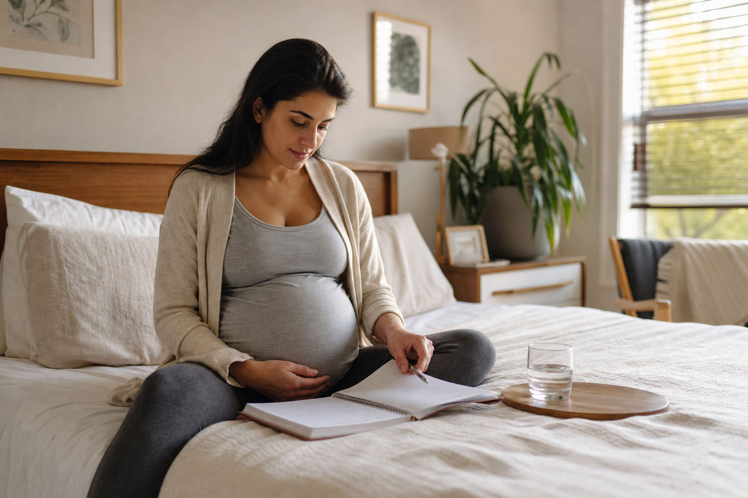 Editorial scene illustrating optimizing your sleep schedule for pregnancy: a comprehensive guide in a bright home setting.