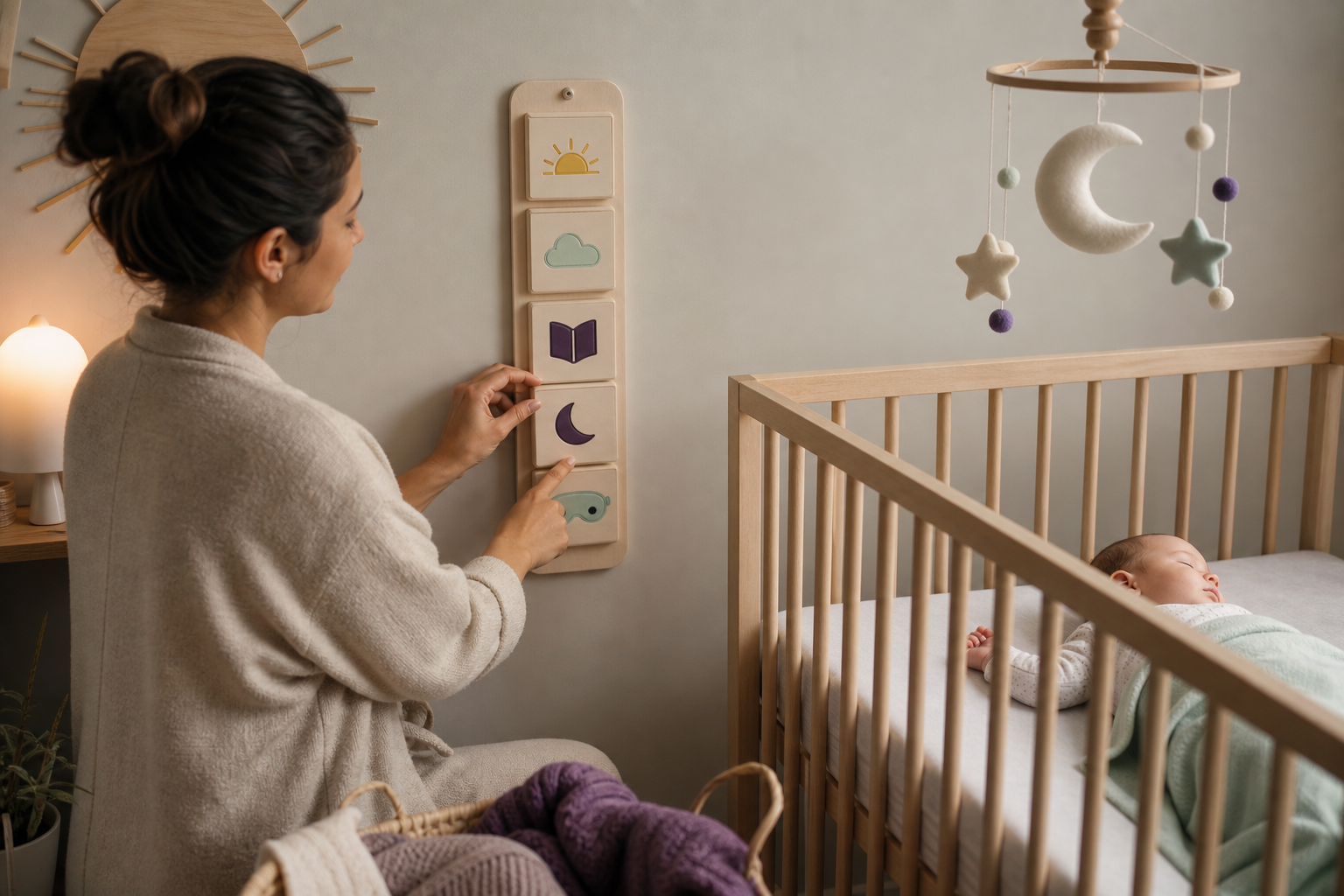 Caregiver adjusting sleep schedule blocks beside a sleeping baby in a crib