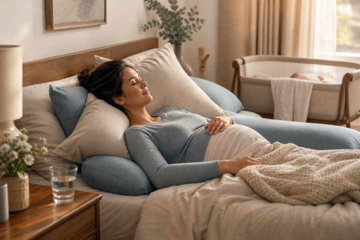 Parent resting on their back in bed beside a bassinet and a glass of water.