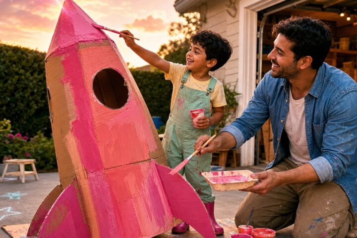 A smiling boy in mint overalls paints a large cardboard rocket bright pink while his father holds the paint tray beside him.