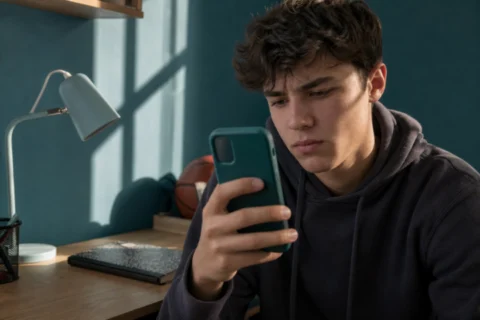 Worried teenage boy checks his smartphone at a teal study desk.