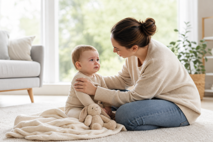Caregiver soothing an anxious baby on a soft blanket in a bright living room