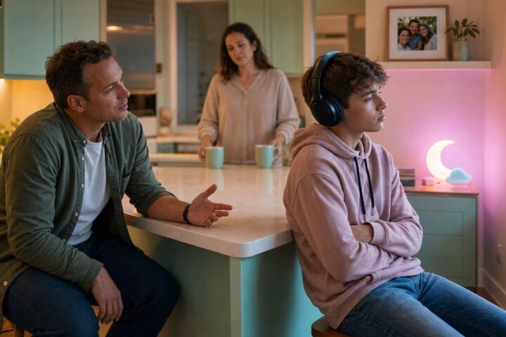 A stepfather speaks calmly to a teenage stepson who wears headphones and turns away as his mother stands nearby.