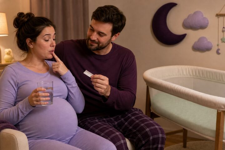 A pregnant woman holds water after accidentally swallowing gum while her partner offers reassurance beside a bare bassinet.