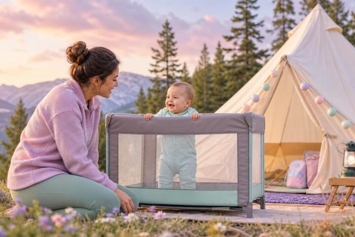 Mother smiling at an awake baby in a portable play yard beside a cream tent at a mountain campsite