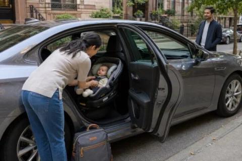 Caregiver checking an awake baby's harness in a rear-facing car seat inside a parked sedan at a city curb.
