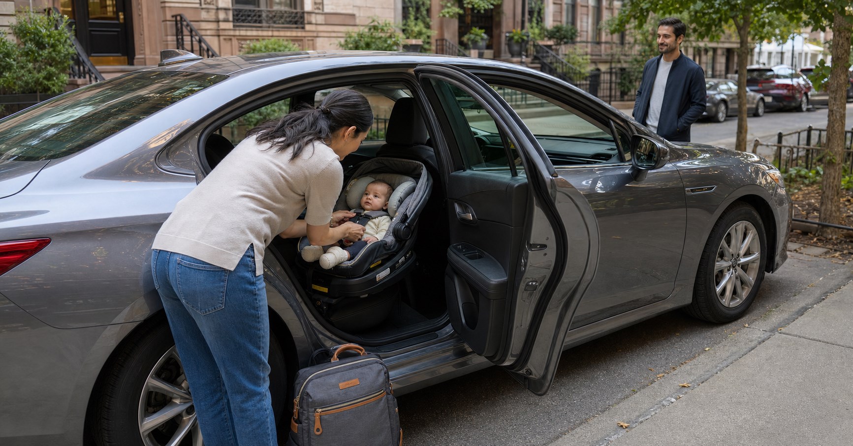 Caregiver checking an awake baby's harness in a rear-facing car seat inside a parked sedan at a city curb.