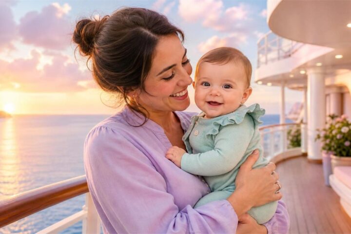 Mother holding a smiling baby on a cruise ship deck at sunset with ocean and coastline behind them
