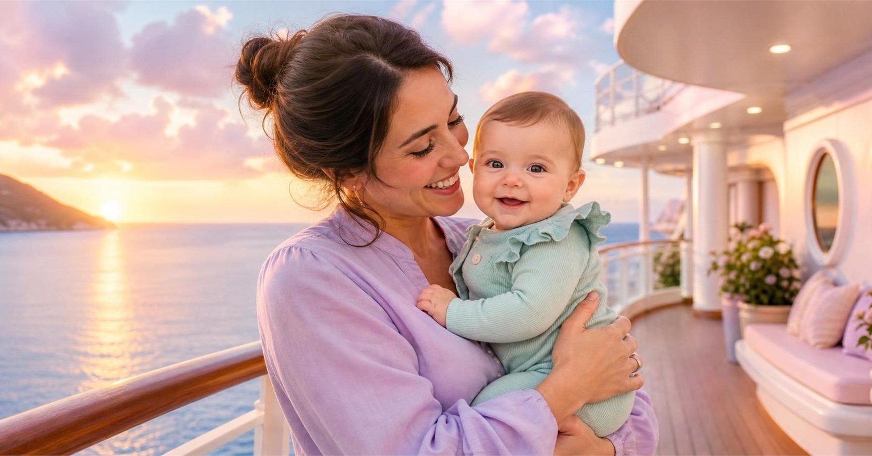 Mother holding a smiling baby on a cruise ship deck at sunset with ocean and coastline behind them