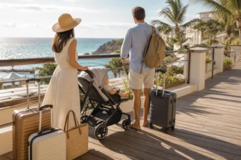 Editorial scene illustrating taking baby on vacation in a bright home setting.