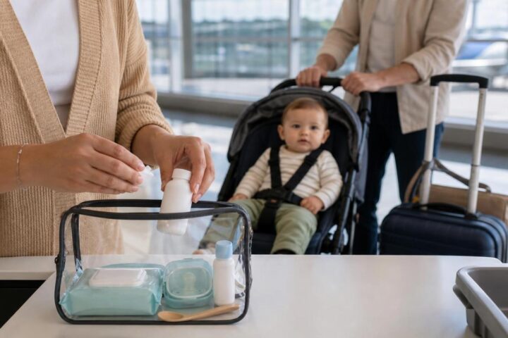 Caregiver packing a sealed baby-powder container into a clear toiletry bag at an airport with baby in stroller nearby.