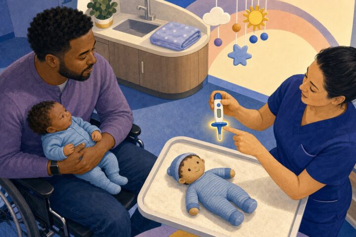Nurse points to the safety flange on a baby thermometer while a father in a wheelchair holds his infant beside a training doll.