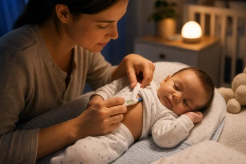 Editorial scene illustrating taking baby temperature under arm in a bright home setting.