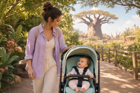 Mother pushing an awake baby in a shaded stroller along a lush wildlife-park path with a baobab tree behind them