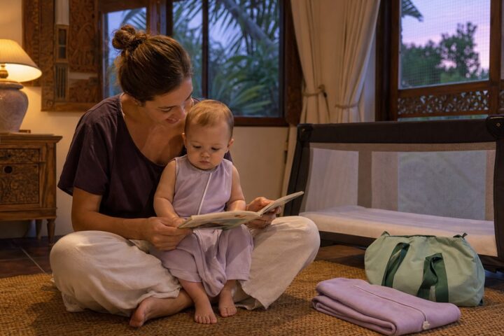 Mother reading a picture book with her awake baby beside an empty travel crib in a Balinese guest room