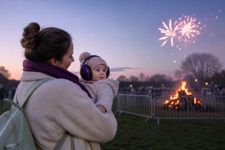 A parent holds an awake baby wearing purple hearing protection well behind a barrier at a Bonfire Night gathering.