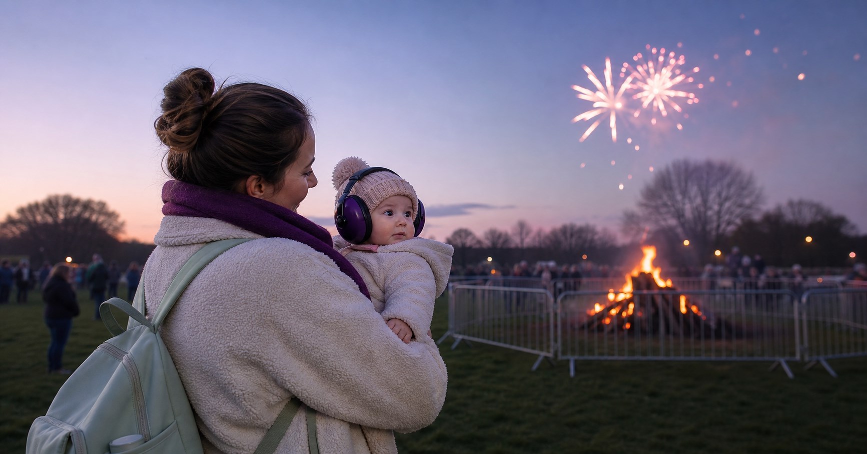 A parent holds an awake baby wearing purple hearing protection well behind a barrier at a Bonfire Night gathering.