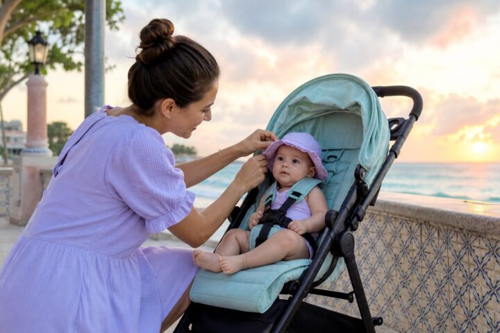 A parent adjusts a lavender sunhat on an awake baby harnessed in a mint stroller on a tiled seaside promenade.